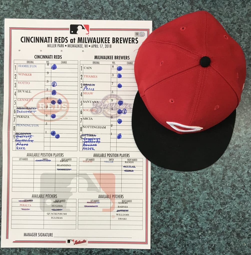 Joey Votto hat and lineup card 1000th walk 2018